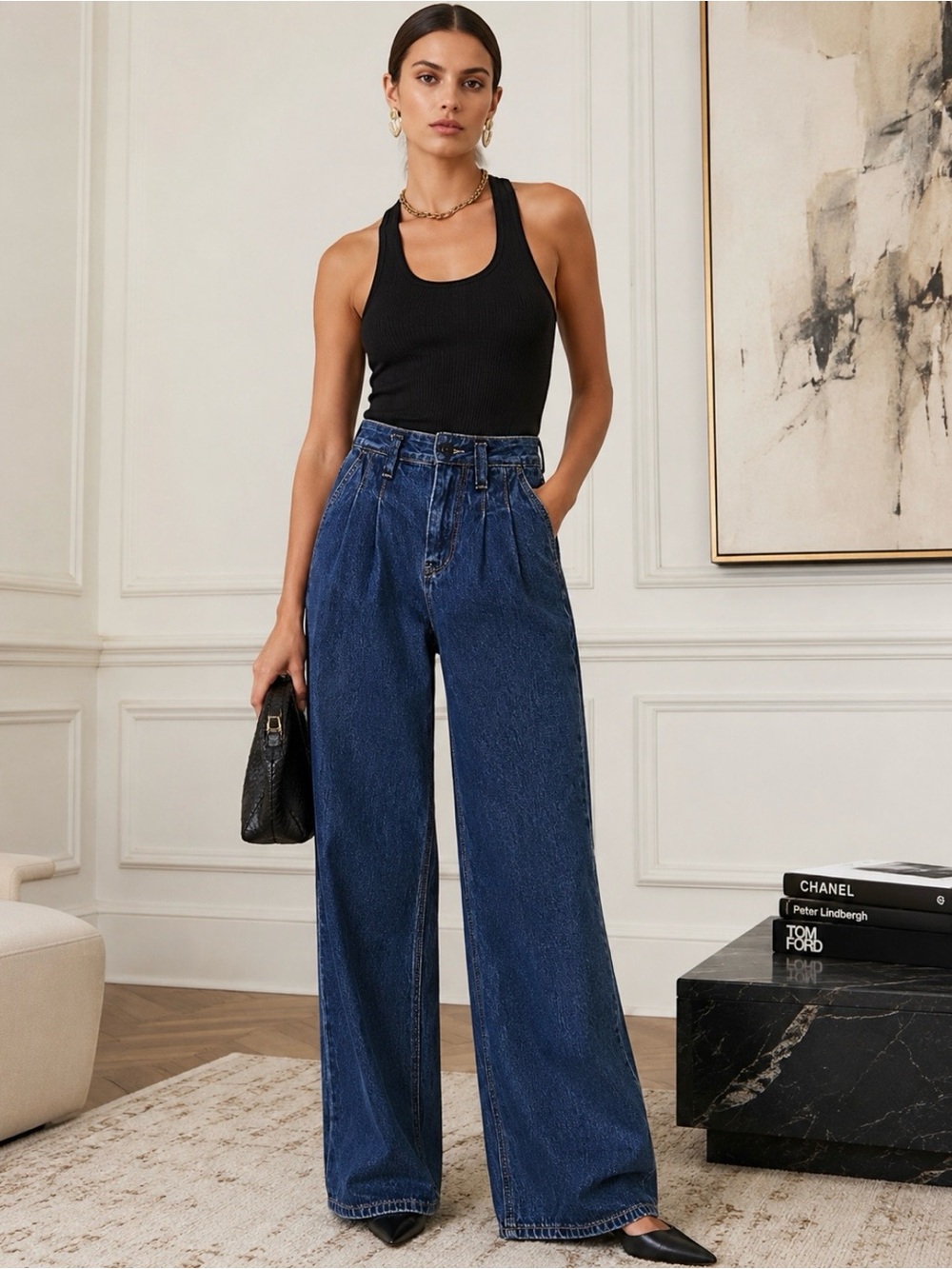 Anine Bing Roy Jean Pleated High Rise Wide Leg Denim Women 23/28 Quiet Luxury